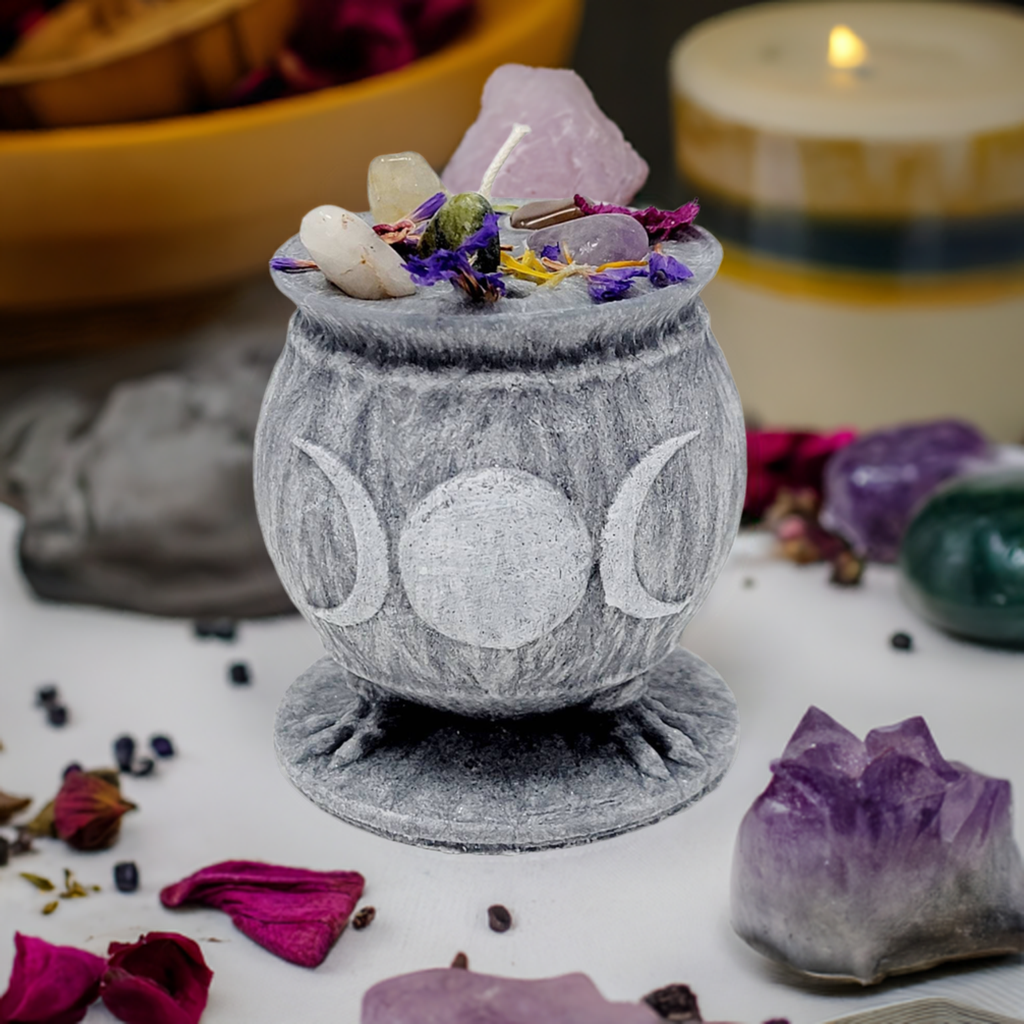Diprana Magical Cauldron Candle with Crystals, Herbs & Flowers -Organic Wax
