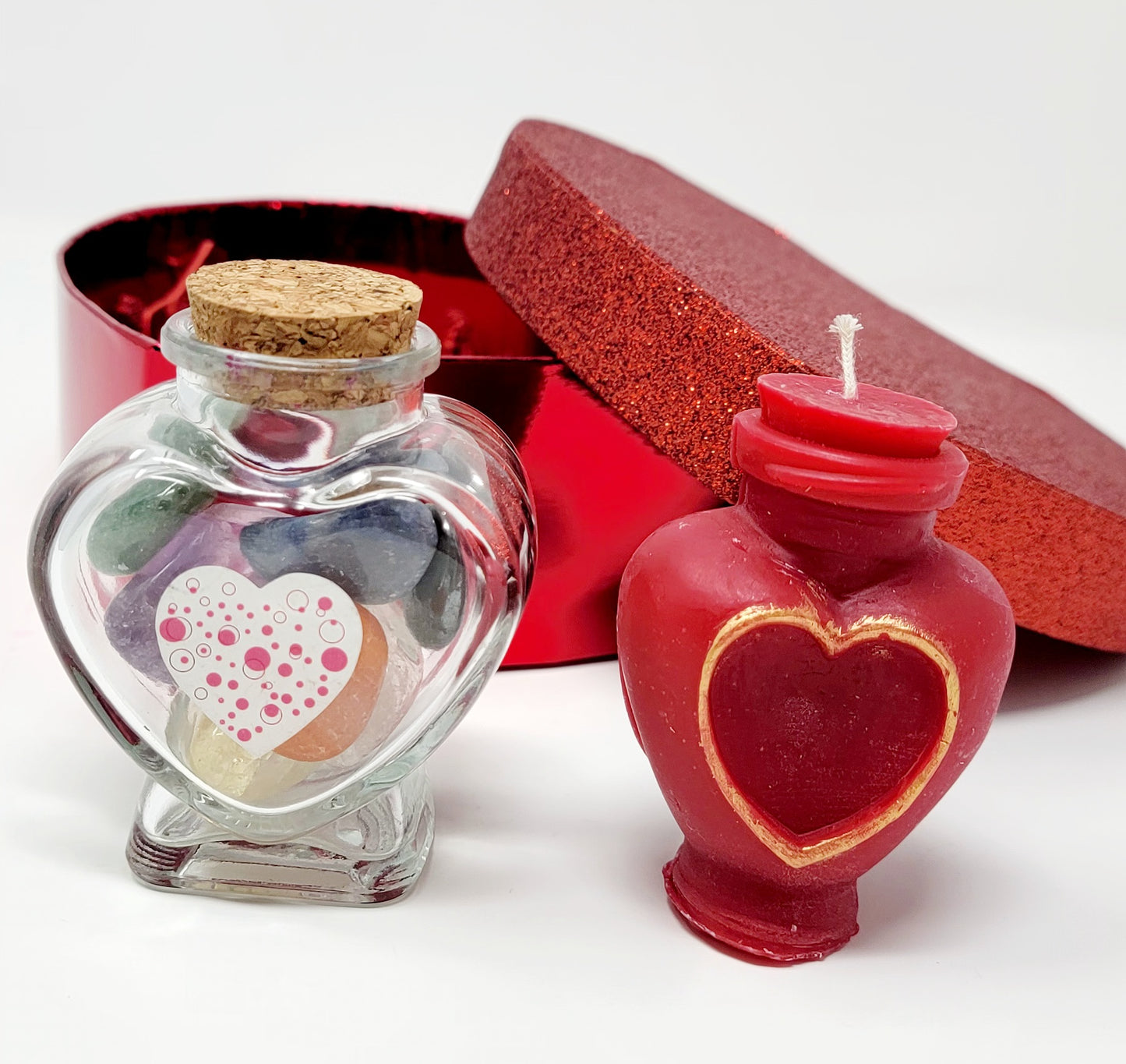 Valentines Day Heart Shaped Gift Box, Unique Candle and Chakras Crystals Gift Set - Gift set for Valentines Day with crystal and candle
