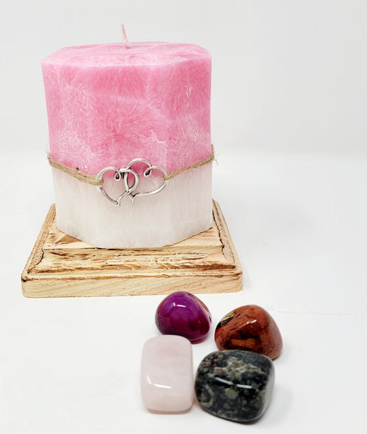 Valentines Day Candle with hidden crystals, Money and Abundance Candle